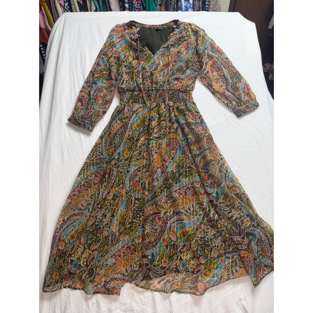 Sam and Jess Paisley Floral Metallic Lurex Smocked Boho Midi Dress PM Petite
